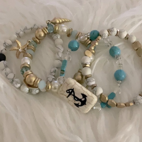 BEAUTIFUL TEAL & WHITE MARBLE 4 STRAND STRETCH BRACELET SET - Picture 1 of 3